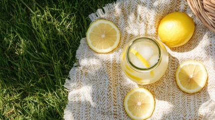 Refreshing Lemonade in a Jar on a Picnic Blanket in Sunlight