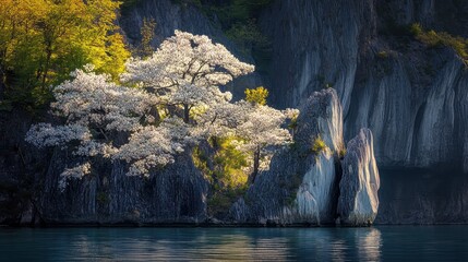 Serene Blossoming Tree Surrounded by Rocky Cliffs and Calm Water
