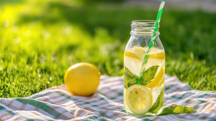 Refreshing Lemonade in Jar with Lemon and Mint on Green Grass