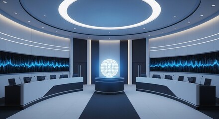 Futuristic AI Conference Room with Glowing Sphere and Waveform Displays