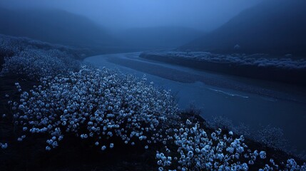 Serene Blue Landscape with Flowers and Misty River at Dusk