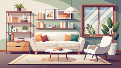 Fototapeta premium A modern living room featuring a white sofa and armchair, complemented by a sleek coffee table and stylish shelving. Clean lines, neutral tones, and minimalist decor create a bright, inviting space.