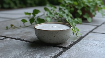 Serene Bowl of Creamy Substance on Textured Stone Surface