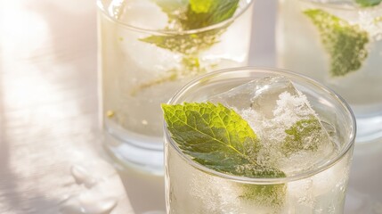 Refreshing mint cocktail with ice in clear glasses on table