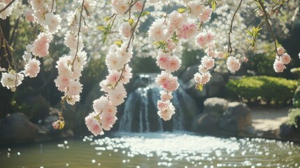Serene Cherry Blossom Branches Over Tranquil Garden Waterfall