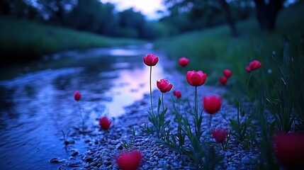 Serene Evening Scene with Red Flowers Along a Calm Riverbank