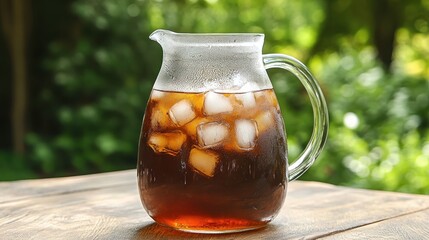 Refreshing Pitcher of Iced Tea with Ice Cubes in Natural Setting