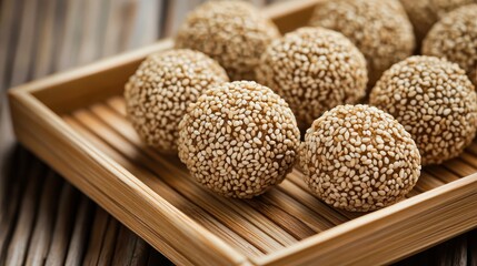 Sesame-covered Snacks on Bamboo Tray for Delicious Treats