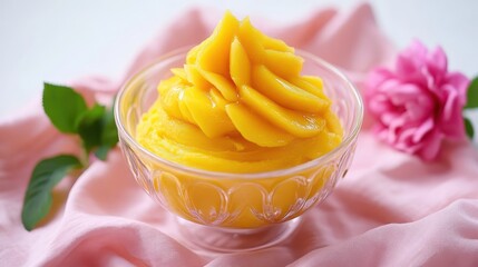 Smooth and Creamy Mango Dessert in Clear Bowl with Fresh Flowers