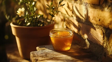 Sunlit Jar of Honey Next to Potted Plant on Rustic Wooden Surface