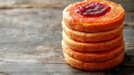 Stacked Slices of Sweet Dessert with Jam on a Rustic Wooden Surface