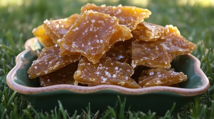 Sweet and Salty Candied Treats on Green Grass Background
