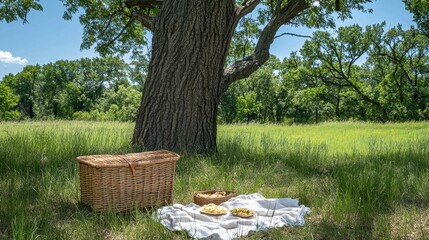 Relaxing Picnic Scene Under a Tree in a Lush Green Field