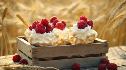 Sweet Raspberry Dessert in Wooden Box Surrounded by Wheat Field