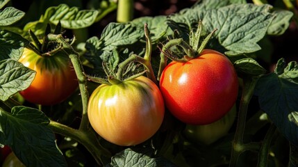 Ripe and Unripe Tomatoes on Lush Green Leaves in Garden Setting