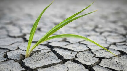 Resilient Grass Growing Through Dry Cracked Earth Surface