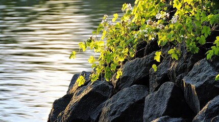 Rocks and Green Leaves by the Water at Sunset in Natural Setting