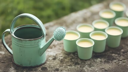 Vintage Green Watering Can with Cups on a Natural Background