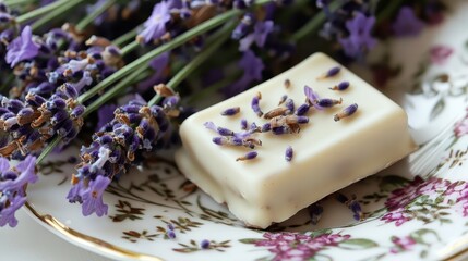 White chocolate bar with lavender flowers on decorative plate