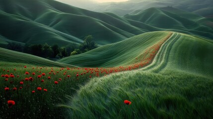Rolling Green Hills with Vibrant Poppy Flowers at Sunrise