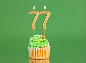 Birthday card with candle and cupcake - Number 77 on a green background