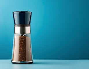 stylish high tech spice grinder on left against soft blue background providing ample room for custom branding and promotions