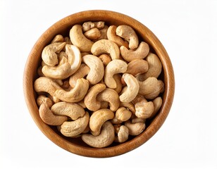 Fototapeta premium wooden bowl filled with light colored roasted cashew nuts arranged in circular pattern isolated on a white background