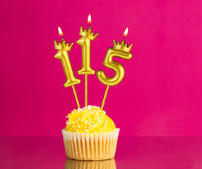 Birthday celebration with number 115 candle - Yellow cupcake on a pink background