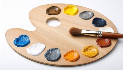 artist s palette showing white yellow blue gray and brown paint strokes with wooden brush isolated on a white background