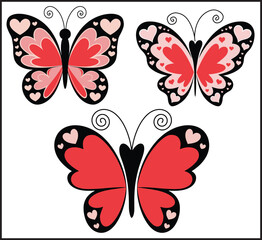 Obraz premium Set of Three Pink and Red Butterflies with Black Outline Decorative Vector Icons