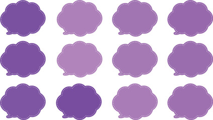 紫色とピンク、あずき色をした１２色の雲の形の吹き出しセット。ふきだしの内側は白い破線で囲まれている。