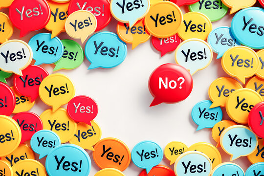 Colorful speech bubbles saying "YES" with one "NO" -  concept of conformity