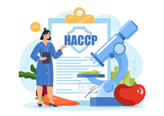 Female scientist with clipboard standing near microscope and HACCP document, surrounded by vegetables, on white background. Concept of food safety. Vector illustration