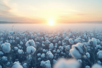 A misty cotton field at dawn, with the sun rising in the background, creating a serene and beautiful landscape.