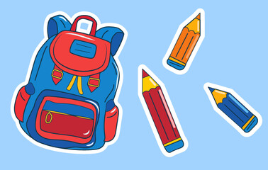 Brightly colored school backpack sits against a blue background, accompanied by cheerful stickers and colorful pencils. This playful illustration captures the essence of learning and creativity