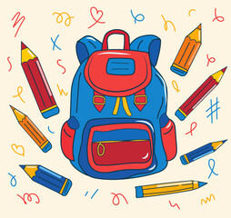 A blue and red school backpack is featured at the center, surrounded by colorful pencils. Playful doodles enhance the lively mood, emphasizing a creative educational atmosphere