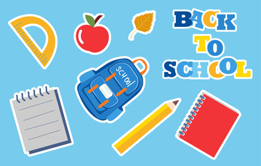A vibrant illustration features various back to school items. Stickers include a backpack, notebooks, pencil, apple, and ruler. Perfect for educational themes