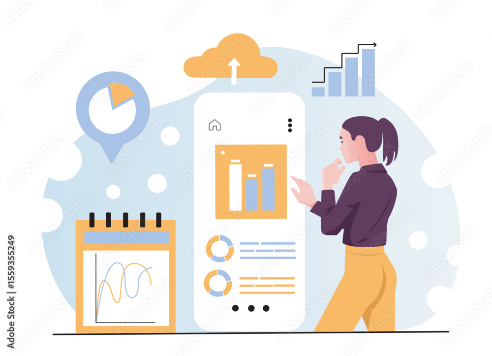 Poster woman interacting with smartphone displaying charts and data, surrounded by analytics icons and grap