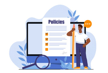 A man stands next to a large pencil and checklist labeled Policies in front of a computer screen, with magnifying glass and speech bubble, on abstract background. Vector illustration