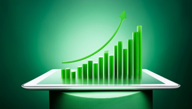 green bar graph on tablet screen growth success and technology illustration