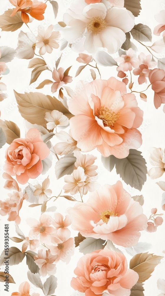 Poster delicate floral pattern featuring soft peach and cream blooms on a neutral background in an elegant 