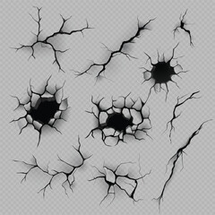 Realistic wall crack and hole effect, vector illustration set of broken ground, land erosion or crashed concrete texture © sabelskaya