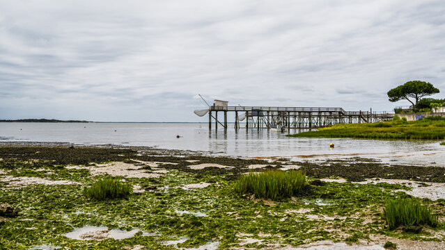 Fishing huts over Randonnee entre Histoire et Nature, Fouras, Fouras-les-Bains, Charente-Maritime, Nouvelle-Aquitaine, France, Europe	