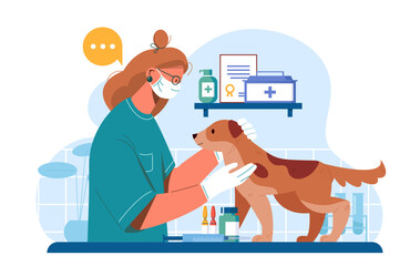 Female veterinarian checking a brown dog in a clinic, flat graphic style, indoor medical room background. Concept of pet healthcare and veterinary care. Vector illustration