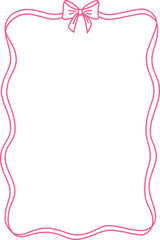 Pink bow frame, wavy ribbons border, coquette line art greeting card, wedding invitation, vintage poster vector design