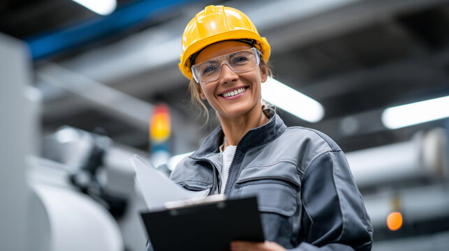 Confident female worker in hard hat and safety glasses inspecting quality of flexible plastic rolls being fed through a conveyor, clipboard notes filled with specs, factory energy