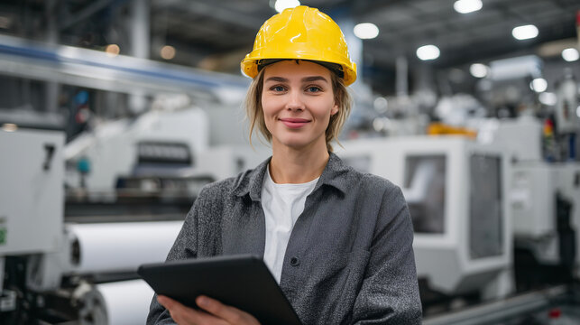 Woman in helmet and formal attire standing in front of manufacturing line, inspecting laminated plastic rolls with detailed focus, industrial design blueprints open on tablet besid