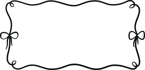 Vector rectangular frame made of black ribbon with waves, loops and bows.