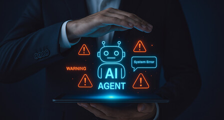 AI risk management concept. A businessman protects a malfunctioning AI agent hologram on a tablet, displaying system error and warning signs. Symbolizes debugging, security threats.