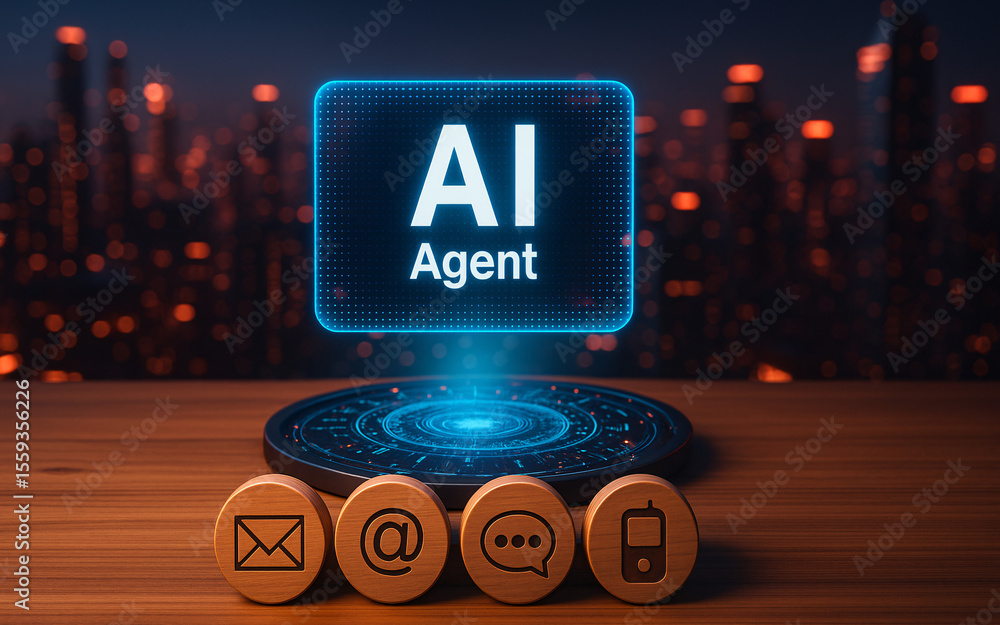 Poster ai-powered customer service and communication hub. a futuristic 'ai agent' hologram stands behind om